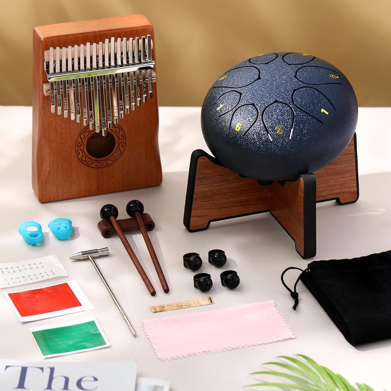 Resholder Rain Drum for Outside Garden Thumb Piano Kalimba Musical Instruments Set 8 Notes 6 Inches Steel Tongue Drum 17 Keys Finger Piano for Adult Beginners Gift for Christmas(Navy Blue) - Image 2